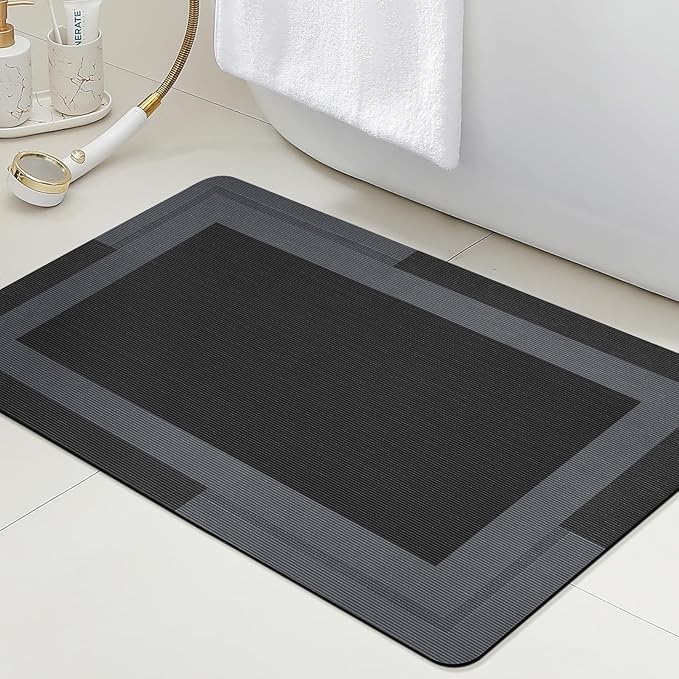 ACCUMTEK Ultra Thin Bath Mat, Upgrade Backing Non Slip Thin Bath Mats Fit Under Door, Quick Dry Ultra Absorbent Bathroom Rugs, Machine Washable Bath Rugs for Bathroom, Bathtub, Black/Bordered/24 x17