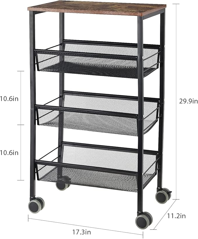 SEHERTIWY Kitchen Storage Rolling Cart, 4-Tier Kitchen Island Cart on Wheels with Wooden Shelves, Lockable Utility Cart with Mesh Baskets for Narrow Space on Dining Room Bathroom，Black