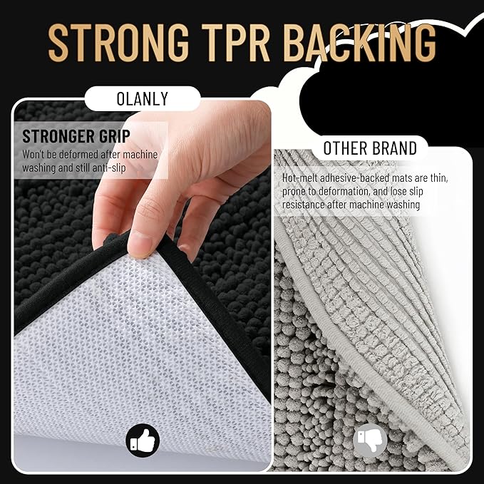 OLANLY Thick Bathroom Rugs 70x24, Extra Soft Absorbent Chenille Striped Bath Rugs, Rubber Backing, Machine Wash Dry, Bath Mats for Bathroom Floor, Tub and Shower, Home Decor Accessories, Black