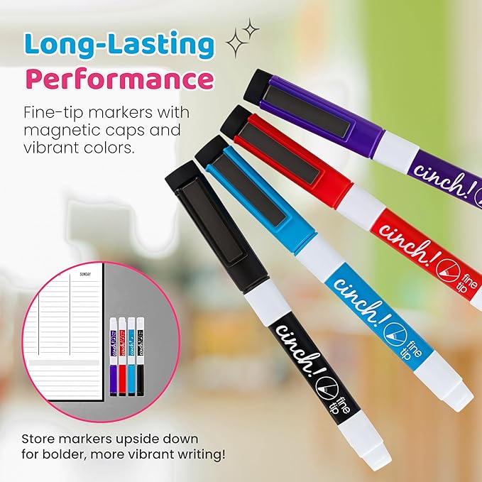 Cinch! 19x13-Inch Magnetic Whiteboard for Fridge - Weekly Calendar and Meal Planner - Stain Resistant Dry Erase Board with 4 Fine Tip Markers and Eraser - Magnetic Weekly Planner for Easy Scheduling