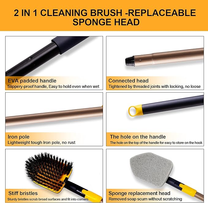 Yocada Tub Tile Scrubber Brush 2 in 1 Cleaning Brush 58.2 Inch Adjustable Telescopic Pole Stiff Bristles Scouring Pads for Cleaning Bathroom Kitchen Toilet Wall Tub Tile Sink Non Scratch