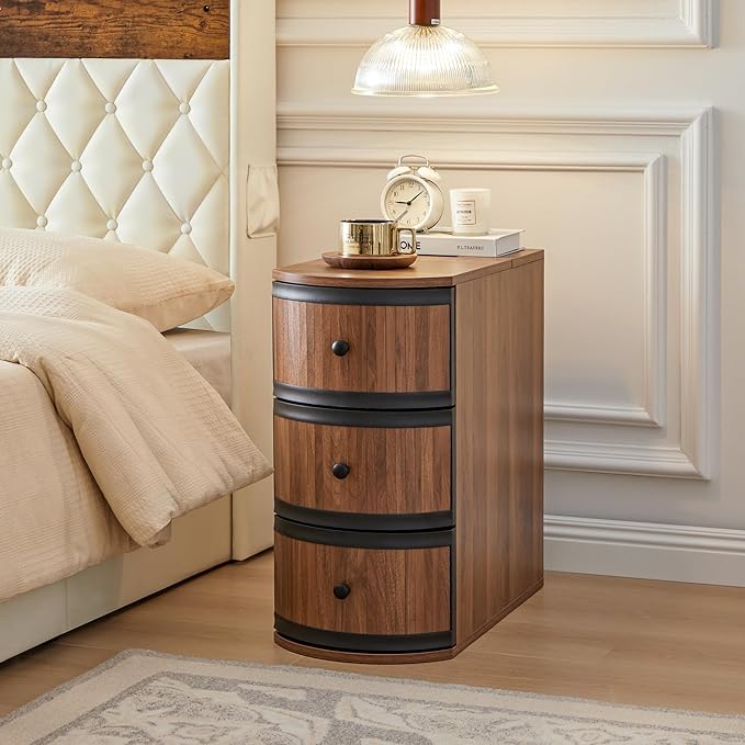 End Table with Charging Station for Couch,Mid-Century Modern Narrow Sofa Side Table with Drawer for Living Room,Small Bed Side Table for Bedroom (Walnut, MCM)