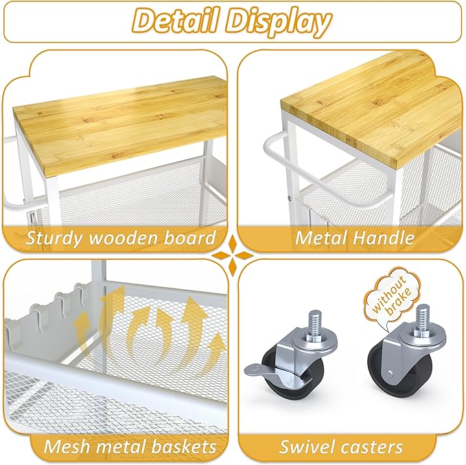 Slim Rolling Storage Cart, 4 Tier Metal Narrow Utility Cart with Handle and Wood Top, Multifunctional Small Mobile Shelf Unit Organizer Trolley for Laundry, Bathroom, Kitchen