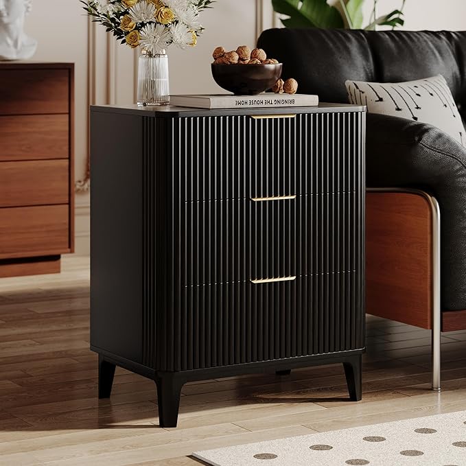 23.6" Mid Century Modern Night Stand with 3 Drawers, Large 3 Drawers Bedside Table with Quiet Drawers & Metal Handles, Fluted 3-Drawer Dresser Rustic Wood 3 Drawer Storage End Table Bedroom Black
