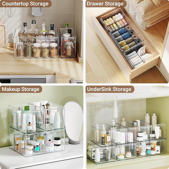 Clear Plastic Storage Bins 6 Pack, Stackable Storage Containers with Dividers, Tall 6" Thicken Storage Drawer Organizer Boxes for Pantry Kitchen Cabinets Fridge Vanity Makeup Craft C6-3