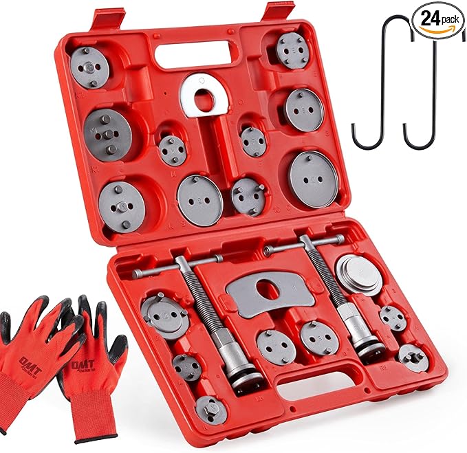 Orion Motor Tech 24pcs Brake Caliper Tool, Heavy Duty Brake Caliper Compression Tool Caliper Piston Tool for Brake Pad Replacement Reset, with Thrust Bolt Assemblies Retaining Plates 18 Disc Adapters