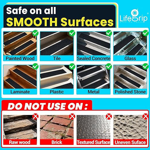 LifeGrip Anti Slip Traction Treads with Glow in Dark Stripe (15-Pack), 6" X 24", Best Grip Tape Grit Non Slip, Outdoor Non Skid Tape, High Traction Friction Abrasive Adhesive for Stairs Step