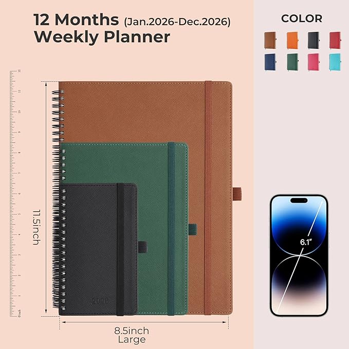 Planner 2026 Daily Weekly and Monthly,11.5"x8.5",12 Months Spiral Bound Calendar Agenda with Self-adhesive Pen Holder,2026 Appointment Book with Vegan Leather Soft Cover,Black