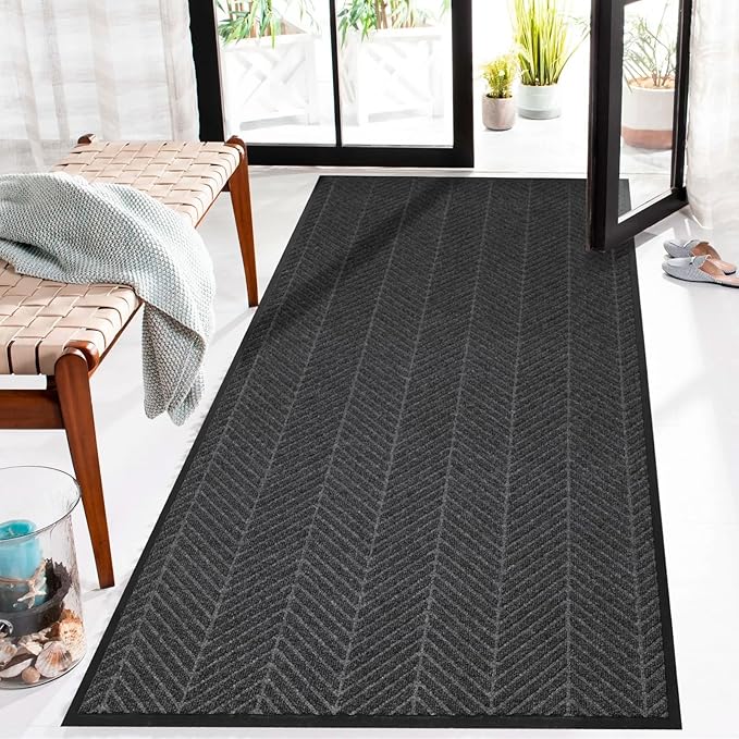3′ x 5′ Heavy Duty Front Door Mat Indoor Outdoor Entrance, Easy Clean Non-Slip All Weather Commercial Floor Mat for Entryway, No Curling Waterproof Vinyl Welcome Mat (36" x 60", Charcoal Grey)