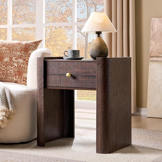 23.6" Tall Modern Nightstand with Charging Station, 22" Wide Curved Bedside Table with 1 Storage Drawer, Wooden Night Stand, Large End Table for Bedroom, Living Room, Brown