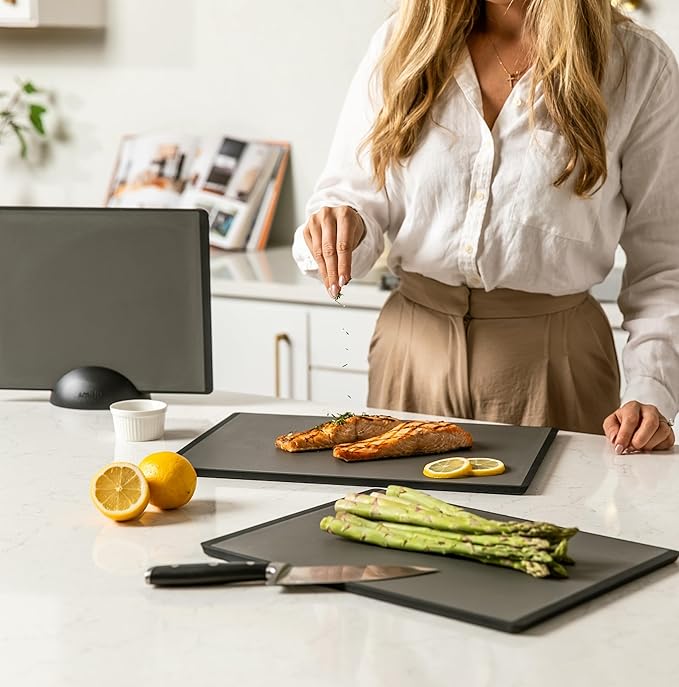SMIRLY Plastic Cutting Board Set 3 Pieces, Non-Slip Dishwasher Safe Chopping Boards for Kitchen, Dark Grey