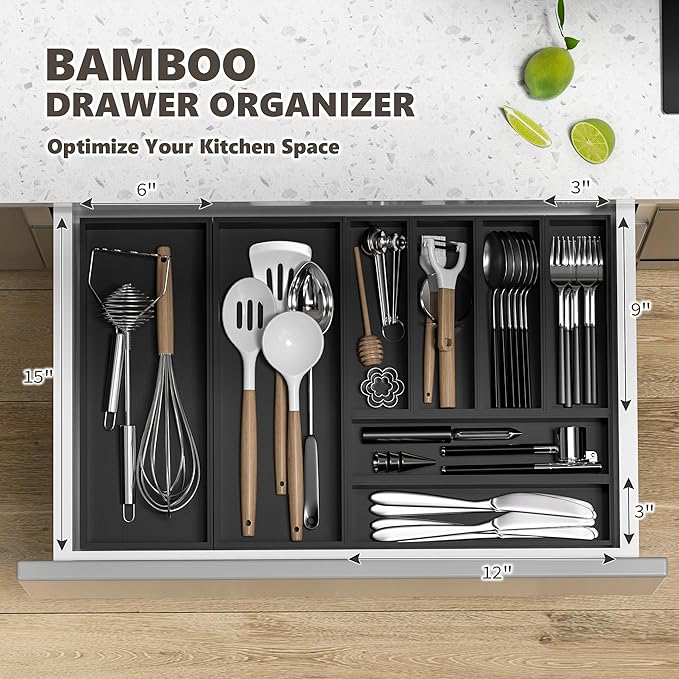 Kitchen Drawer Organizer Bins, Black Bamboo Drawer Organizer Stackable for Silverware, Utensils, Cutlery, Flatware, for Junk Drawer, Dresser, Bathroom, 6" x 3" x 2.5" (Set of 2)