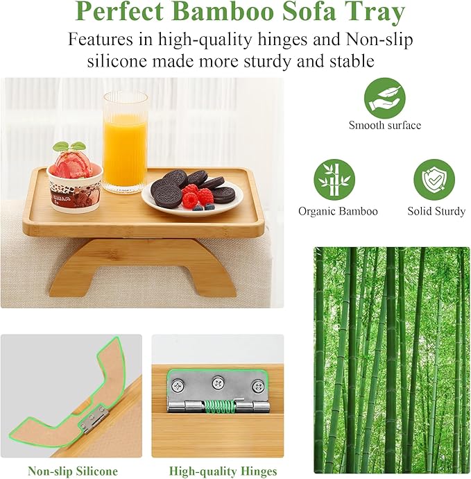 SINWANT Couch Arm Table Tray, Bamboo Sofa Arm Clip on Side Tables, Foldable Arm Rest Table for Home, Couch Arm Tray for Small Spaces Drink Eating Dinner