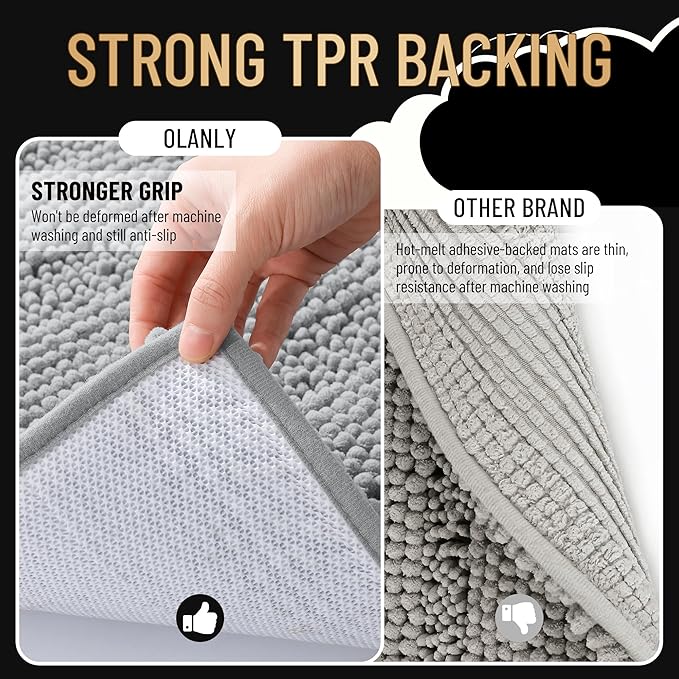 OLANLY Thick Bathroom Rugs 47x20, Extra Soft Absorbent Chenille Striped Bath Rugs, Rubber Backing, Machine Wash Dry, Bath Mats for Bathroom Floor, Tub and Shower, Home Decor Accessories, Light Grey