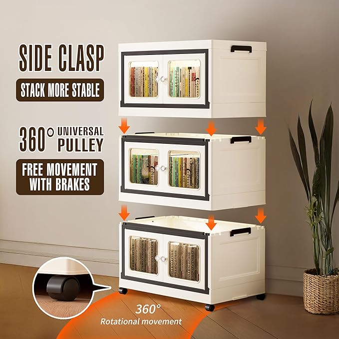 SunSettler Stackable Storage Bins with Lids, Folding Storage Cabinets with Doors and Wheels, Collapsible Plastic Storage Bins for Closets, Stackable Storage Organizer(Transparent, 3-Tier)
