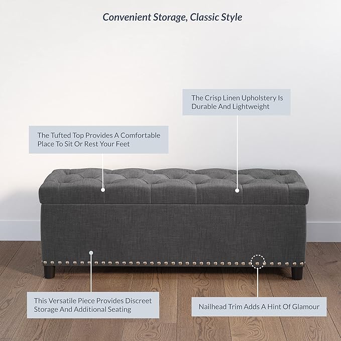 BELLEZE 47" Storage Ottoman, Storage Bench with Safety Close Hinge, Faux Leather Button-Tufted Ottoman for Living Room, Entryway, Hallway, Foot Rest, Support 300lbs - Dark Gray
