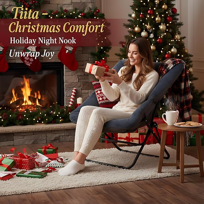 Tiita Comfy Folded Chair, Soft Faux Fur Oversized Folding Accent Chair, Lounge Lazy Chair for Kids Teens Adults, Metal Frame Moon Chair for Bedroom, Living Room, Dorm Rooms