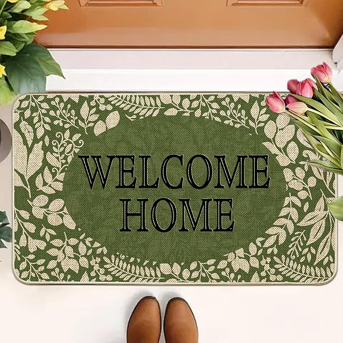 Welcome Spring Door Mat Green Leaves Doormat Indoor Outdoor Entrance Summer Decor Outdoor Rug Low-Profile Floor Rug Non Slip Spring Summer Decor Rubber Mats for Home Decoration 17x29Inch