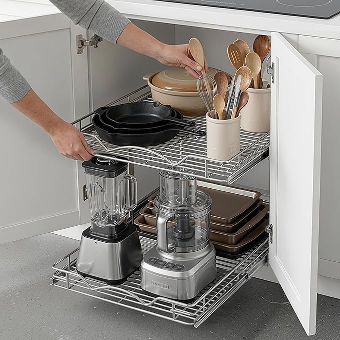 HOLDN’ STORAGE Two Tier Pull Out Cabinet Organizer, Individual Sliding Drawers - Heavy Duty Metal with Lifetime Limited Warranty - Anti Rust Chrome Finish - 20" W x 21”D x 16.5" H