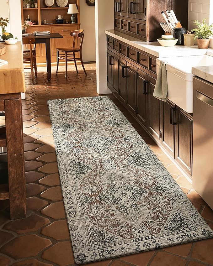 DEXI Kitchen Mats for Floor Cushioned, 23x35+23x59 Extra Large Runner Rug Non Slip, Waterproof Soft Comfort Standing Padded Anti Fatigue Decorative Set of 2, Cream Red