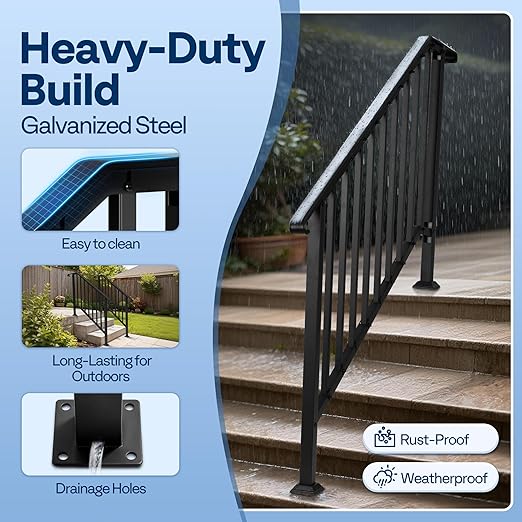VIVOHOME 2-Pack 5 Step Galvanized Steel Hand Rails for Outdoor Steps – Curved Ends and Safety Balusters Exterior Railing for Porch, Deck, or Indoor Stairs, Complete Installation Kit