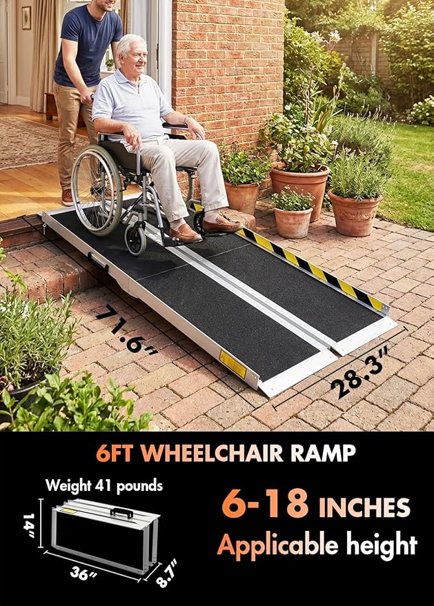 Protable Wheelchair ramp 6FT,Non-Slip Folding Aluminum Handicap Ramps,Threshold Ramps for Home,Holds up to 600lbs,Wheelchair ramp for Steps,Stairs,Doorways (6FT Useing Height 6-18inch)