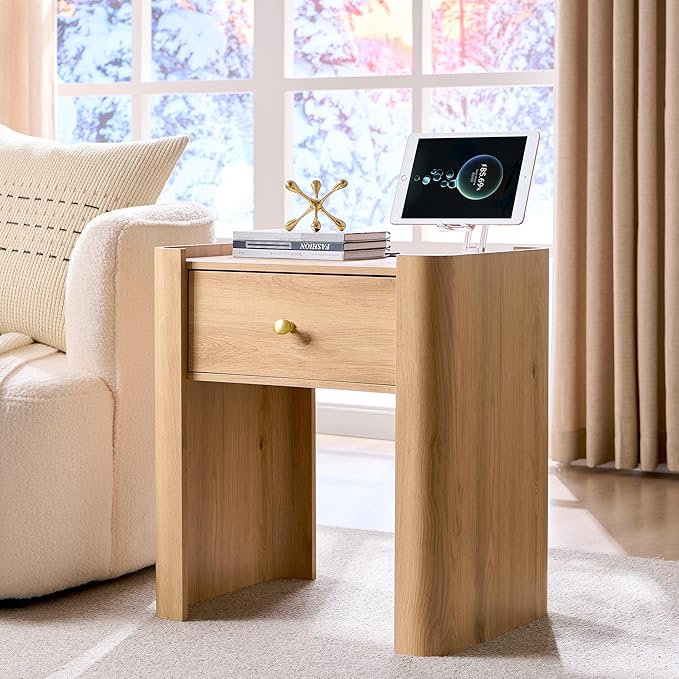 23.6" Tall Modern Nightstand with Charging Station, 22" Wide Curved Bedside Table with 1 Storage Drawer, Wooden Night Stand, Large End Table for Bedroom, Living Room, Natural