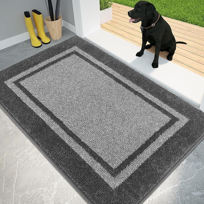 PURRUGS Dirt Trapping Door Mat 34" x 60", Non-Slip/Skid Machine Washable Entryway Rug, Shoes Scraper, Area Rug, Super Absorbent Welcome Mat for Muddy Wet Shoes and Paws, Light Grey & Dark Grey