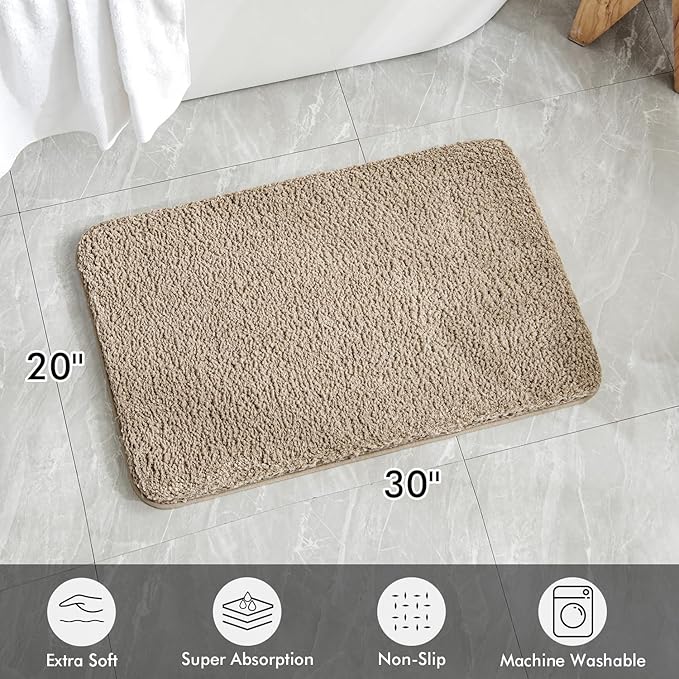 MIULEE Extra Thick Non Slip Bathroom Rug Shaggy Soft Bath Mat Plush Microfiber Absorbent Water for Shower Tub Machine Washable (Tan, 20x30 Inches)