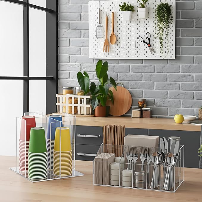 Maxdot 2 Pcs Acrylic Utensil Caddy Silverware Organizer and Square Rotating Cup and Lid Holder with 4 Compartment for Coffee Kitchen Table Countertop Party Paper Plates Cup Flatware Cutlery