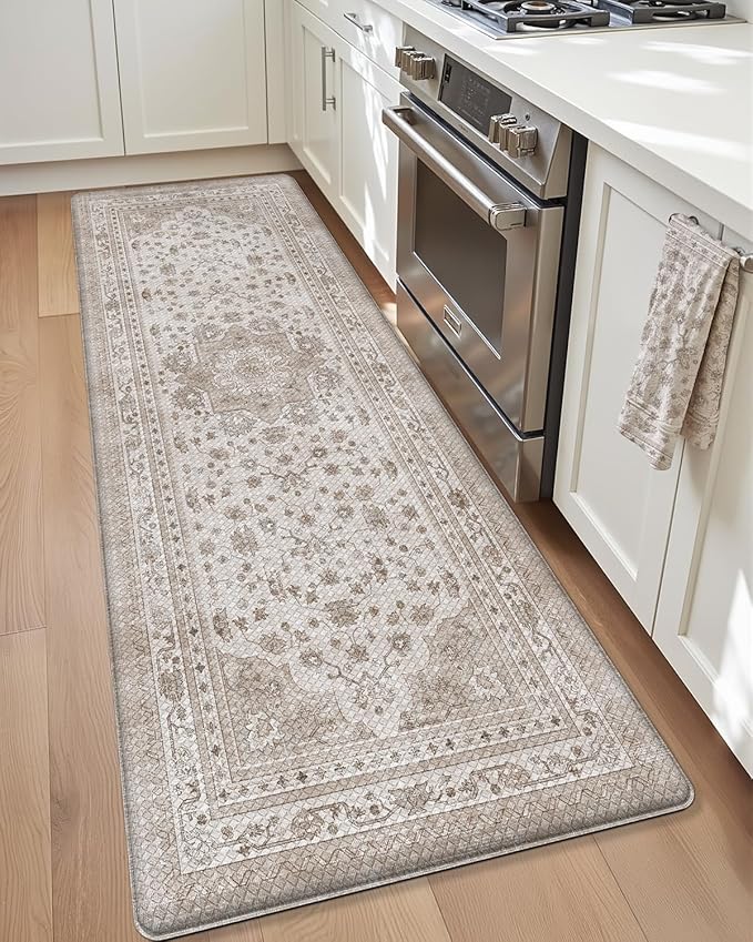 Color&Geometry Kitchen Floor Mats Anti Fatigue, Cushioned Boho Rugs,Waterproof Non Slip Kitchen Runner for Sink, Standing Mats for Office,24"x87",Beige
