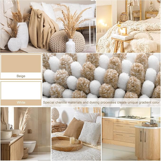 BSICPRO Bathroom Rugs Sets 3 Piece, Toilet Rugs U-Shaped Contour Bath Mat Set, Large Striped Non Slip Absorbent Chenille Shower Mat, Beige