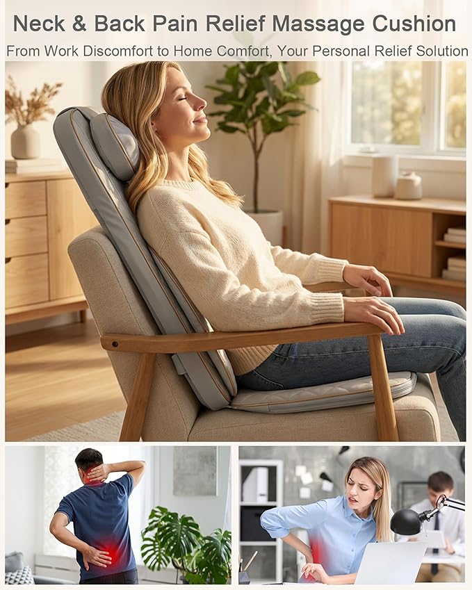 Shiatsu Neck and Back Massager for Chair: 4D Kneading, 3D Rolling, Adjustable Neck Height, Back Massager Relieves Fatigue Deep Tissue Massage - Gifts for Men & Women