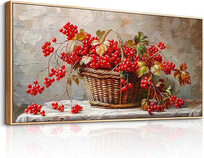 PHAOHUAXM Canvas Wall Art For Living Room Restaurant Wall Decoration For Office Bedroom Bathroom Abstract Red Fruit Mural Wooden Frame Printing Picture Artworks Modern Home Decor Aesthetics 24"X48"