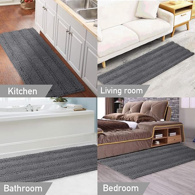 Turquoize Bathroom Runner Area Chenille Rug Oversize Non-Slip Shag Kitchen Shower Bath Mat Extra Long Grey Striped Washable for Bathroom, Gray, Size 59" x 20"
