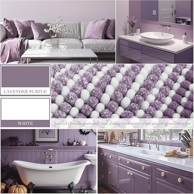 BSICPRO Bathroom Rugs Sets 3 Piece, Toilet Rugs U-Shaped Contour Bath Mat Set, Long Striped Absorbent Non Slip Chenille Shower Mat, Lavender Purple
