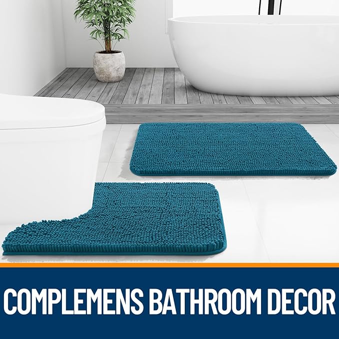 OLANLY Bathroom Rugs Sets 3 Piece, Soft Absorbent Chenille Bath Mats and U-Shaped Contour Toilet Rug, Quick Dry, Home Decor Accessories, Bath Mat Set for Floor (47"x20"+24"x16"+24"x20", Peacock Blue)