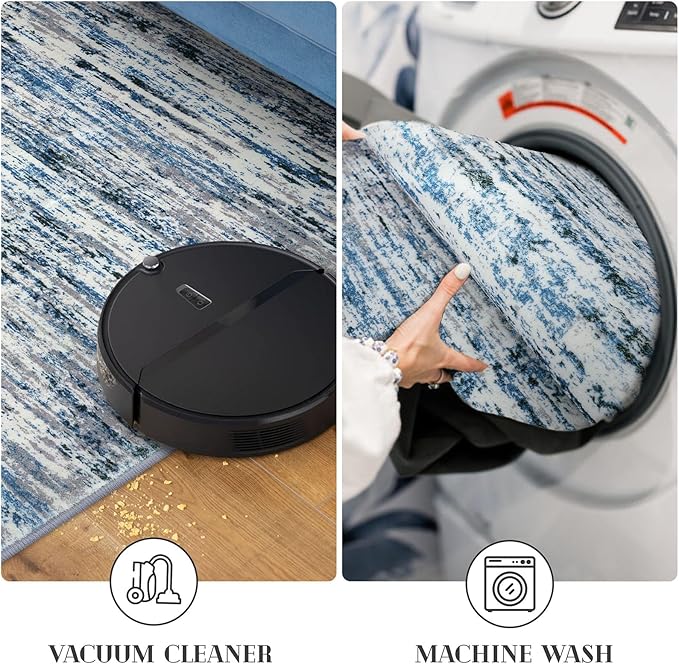Modern Abstract Bedroom Runner Rug 2x7, Grey Blue White Washable Kitchen Runner, Non-Slip Soft Thin Faux Wool Mat for Entryway, Hallway, Laundry Room, Indoor Home Decor