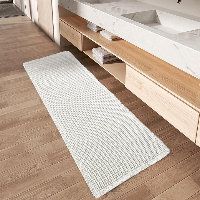 AMOAMI Waffle Runner Rug Super Absorbent Non Slip Bath Mats for Bathroom Floor, Machine Washable Boho Bathroom Runner Rug with Tassels, Ideal for Hallway Bedroom Laundry Room, 17" x 60"