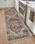 DEXI Kitchen Floor Mats Anti Fatigue, 23x59 Large Cushioned Vintage Runner Rug Waterproof, Standing Comfort Memory Foam Padded for Front Sink Laundry Office, Beige and Red