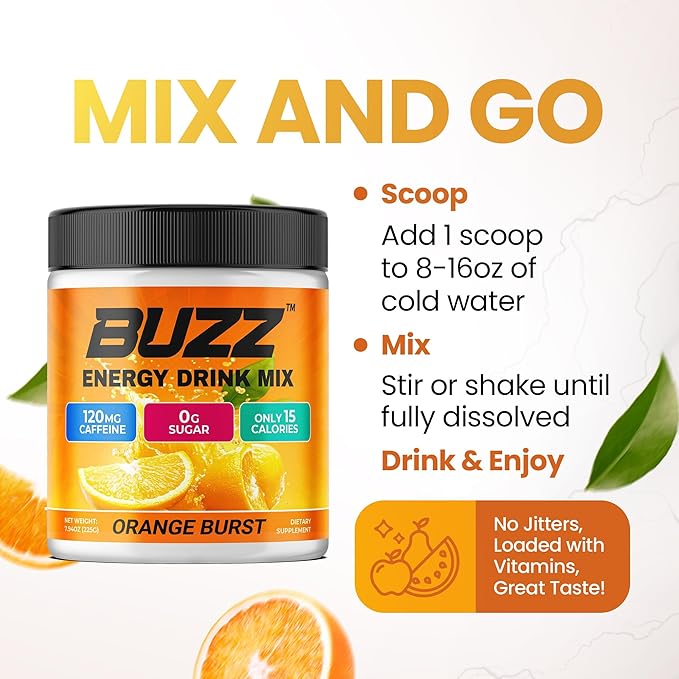 Morning Buzz Energy Drink Powder - Energy Boost Drink Mix - Sugar-Free Energy with Antioxidants - Morning Kickstart and Sports Nutrition Endurance Product - 30 Servings, Orange Burst, 8 Ounces