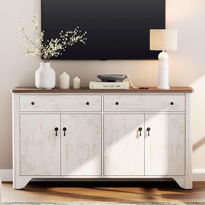 WAMPAT Farmhouse TV Stand with 2 Drawers and Storage Cabinets, Wood Entertainment Center for 65 inch TV, Adjustable Shelves, Entertainment Center TV Console Table for Living Room, Bedroom, 59'', White