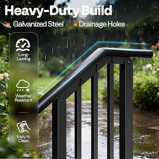 VIVOHOME 2-Pack 2 Step Galvanized Steel Hand Rails for Outdoor Steps – Black Oval and Safety Balusters Exterior Railing for Porch, Deck, or Indoor Stairs, Complete Installation Kit