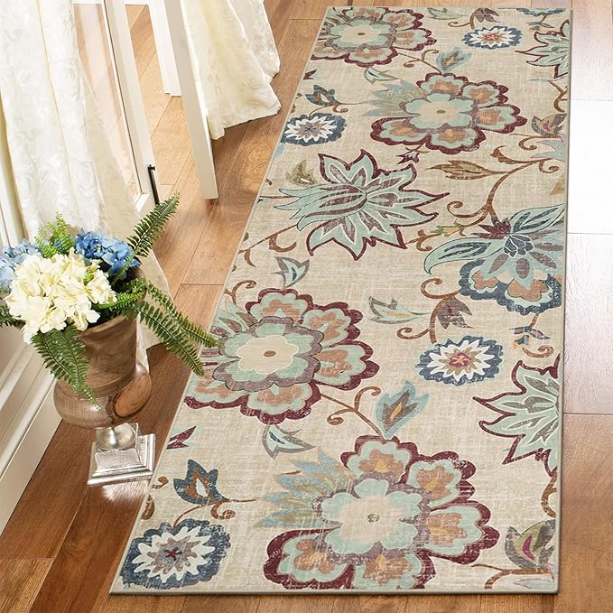 Beeiva Floral Washable Kitchen Runner Rugs, 2x6 Beige Ultra Thin Vintage Plant Bathroom Hallway Runner Rugs with Rubber Backing, Carpet Runner Rug for Hallways Laundry Rugs Laundry Room Runner