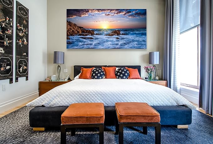 Muolunna S05875 Wall Art Decor Canvas Print Picture Sunset Blue Ocean 1 Panel Sea Waves Scenery Painting Artwork for Office Wall Decor Home Decoration Stretched and Framed Ready to Hang 30x60inch