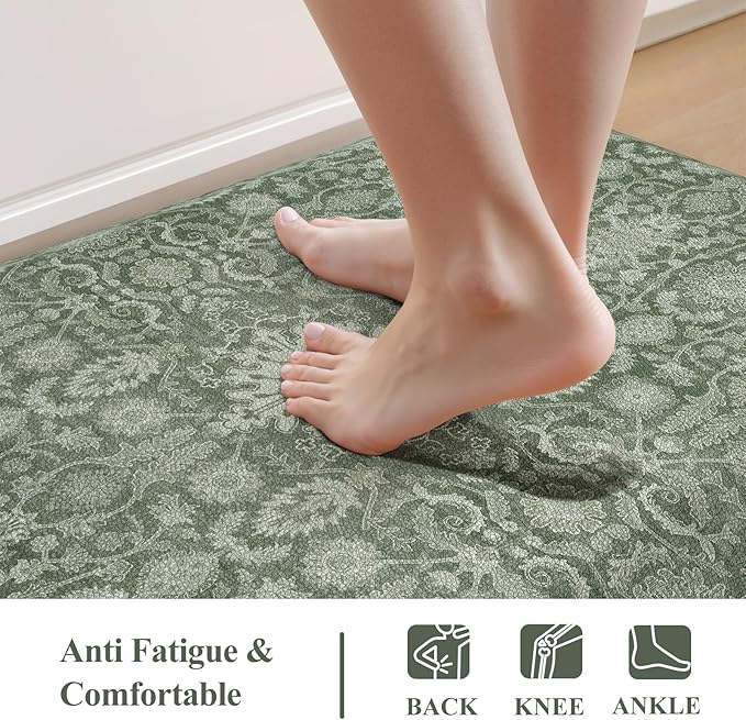 Collive Kitchen Mats Cushioned Anti Fatigue, Non Slip Waterproof Kitchens Floor Mat Green/Grey Vintage Floral Sink Rug, Comfort Desk Standing Rugs for Bedroom, Office, Laundry, 17.3''x28''