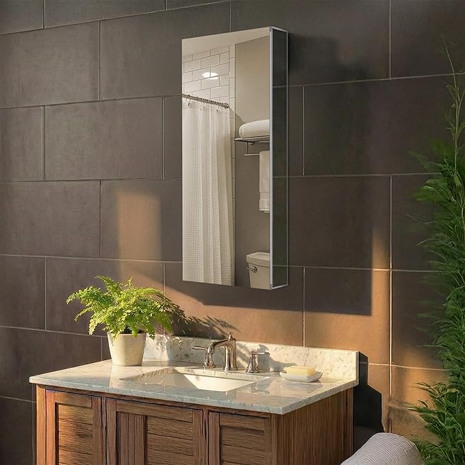 Fine Fixtures Bathroom Medicine Cabinet, Aluminum, Recessed/Surface Mount, 15" x 40", Right/Left Hinged, Mirrored Interior