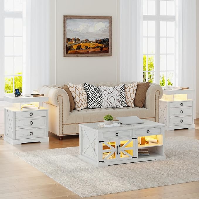 Gurexl Farmhouse Set of 2 Night Stand with Lockable Gun Drawer,LED Nightstand with Charging Station,Bedside Table with Human Sensor 3-Color Lights,End Table with 3 Drawers,Bedroom,White
