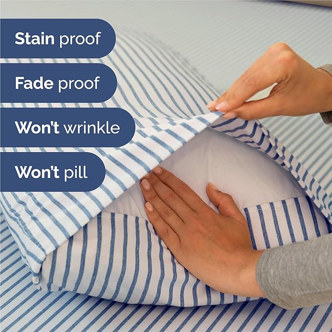 Split King 7 Piece Sheet Set - Cooling & Breathable Bed Sheets - Hotel Luxury Bed Sheets for Women, Men, Kids & Teens - Deep Pockets - Easy Fit - Soft & Wrinkle Free - Split King Blue Stripes Sheets