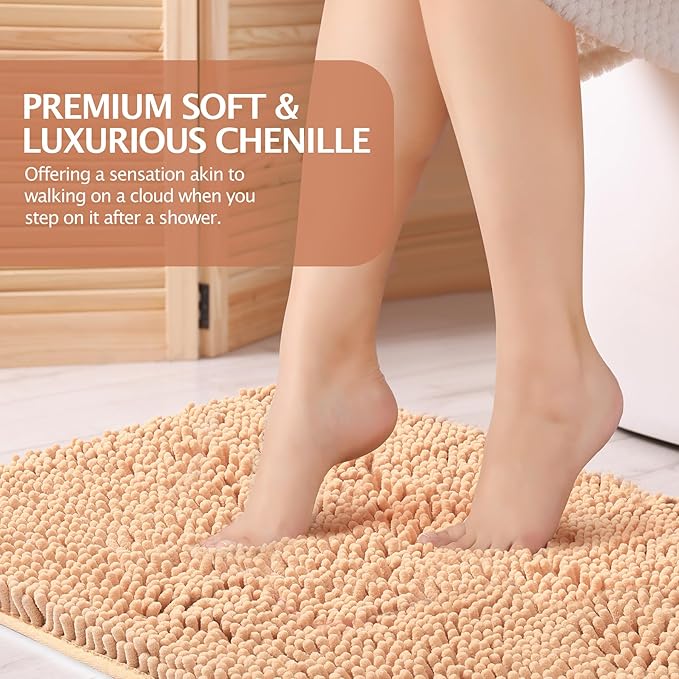 Bathroom Rugs 2 Piece Set – Absorbent, Non-Slip, Soft Chenille Bath Mat, Machine Washable, Comfortable Floor Mats (24"×17” & 20"×30”, Beige)